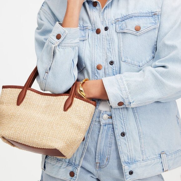 NWT Madewell The Mini Shopper Tote in Leather-Trimmed Straw - Picture 3 of 3